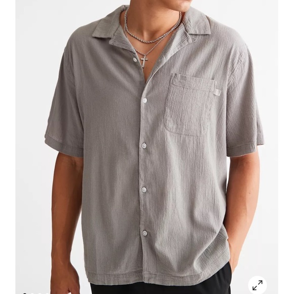 Size medium. Never worn beige standard cloth crinkle button down shirt. - Picture 1 of 2